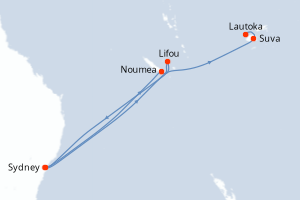 Carte itinéraire croisière Australie, Nouvelle-Calédonie, Fidji (Îles) - 12 jours au départ de Sydney - Australie Nouvelle Zélande