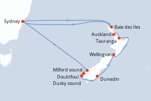 Carte itinéraire croisière Australie, Nouvelle-Zélande - 12 jours au départ de Sydney - Australie Nouvelle Zélande