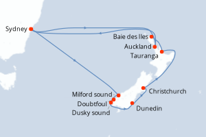 Carte itinéraire croisière Australie, Nouvelle-Zélande - 13 jours au départ de Sydney - Australie Nouvelle Zélande