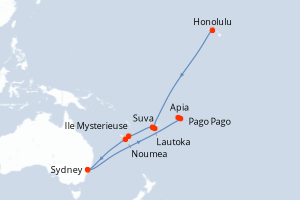 Carte itinéraire croisière États-Unis, France, Samoa, Fidji (Îles), Vanuatu, Nouvelle-Calédonie, Australie - 18 jours au départ de Honolulu - Australie Nouvelle Zélande