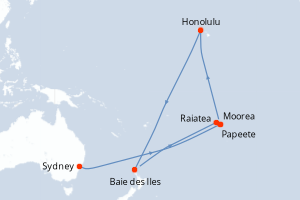 Carte itinéraire croisière Australie, Nouvelle-Zélande, France, États-Unis - 15 jours au départ de Sydney - Hawaii