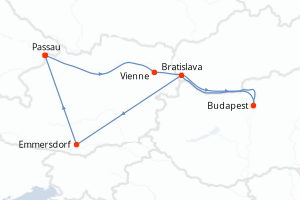 Carte itinéraire croisière Hongrie, Slovaquie, Autriche, Allemagne - 6 jours au départ de Passau - Danube