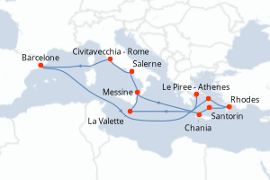 Carte itinéraire croisière Grèce, Malte, Italie, Espagne - 12 jours au départ de Le Piree - Athenes - Méditerranée