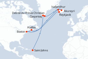 Carte itinéraire croisière Islande, Gröenland, Antigua-et-Barbuda, Canada, États-Unis - 12 jours au départ de Reykjavik - Amérique du Nord