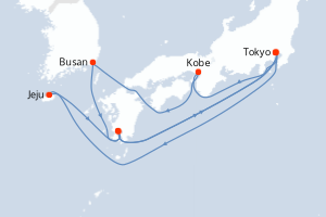 Carte itinéraire croisière Corée du Sud, Japon - 12 jours au départ de Tokyo - Asie