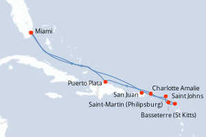 Carte itinéraire croisière États-Unis, Porto Rico, Pays-Bas, Royaume-Uni, Antigua-et-Barbuda, République Dominicaine - 10 jours au départ de Miami - Caraïbes Bahamas