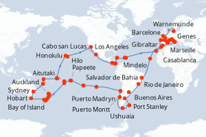 Carte itinéraire croisière Espagne, Royaume-Uni, Maroc, Cap-Vert, Brésil, Argentine, Îles Malouines, Chili, Îles Cook, Nouvelle-Zélande, Australie, Nouvelle-Calédonie, Vanuatu, Samoa, États-Unis, Mexique, Costa Rica, Panama, Jamaïque, Pays-Bas, It - 132 jours au départ de Genes - Tour du Monde