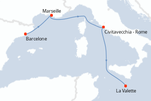 Carte itinéraire croisière Espagne, France, Italie, Malte - 4 jours au départ de Barcelone - Méditerranée
