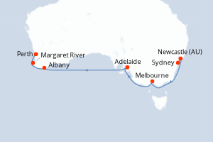 Carte itinéraire croisière Explorador del Sur de Australia - 11 jours au départ de Sydney - Australie Nouvelle Zélande