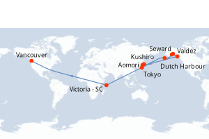 Carte itinéraire croisière Japon, États-Unis, Seychelles, Canada - 16 jours au départ de Tokyo - Alaska
