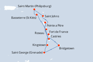 Carte itinéraire croisière Barbade, Grenade, Saint Vincent-et-les-Grenadines, France, Antigua-et-Barbuda, Pays-Bas, Royaume-Uni, Dominique, Sainte-Lucie - 13 jours au départ de Bridgetown - Caraïbes Bahamas