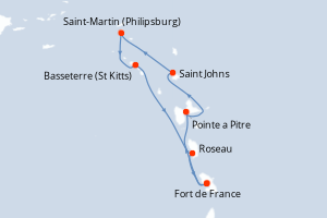 Carte itinéraire croisière France, Antigua-et-Barbuda, Pays-Bas, Royaume-Uni, Dominique - 7 jours au départ de Fort de France - Caraïbes Bahamas