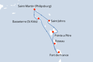 Carte itinéraire croisière Antigua-et-Barbuda, Pays-Bas, Royaume-Uni, Dominique, France - 7 jours au départ de Pointe a Pitre - Caraïbes Bahamas