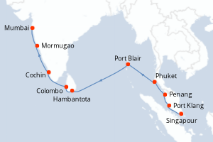 Carte itinéraire croisière Singapour, Malaisie, Thaïlande, Sri Lanka, Inde - 15 jours au départ de Singapour - Mer Rouge Océan Indien