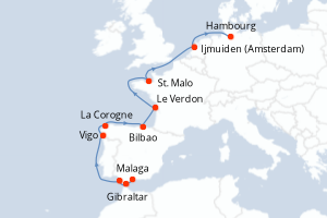 Carte itinéraire croisière Espagne, Royaume-Uni, France, Pays-Bas, Allemagne - 14 jours au départ de Malaga - Europe du Nord