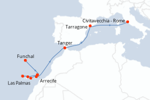 Carte itinéraire croisière Portugal, Espagne, Maroc, Italie - 13 jours au départ de Funchal - Méditerranée