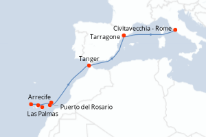 Carte itinéraire croisière Espagne, Maroc, Italie - 10 jours au départ de Las Palmas - Méditerranée