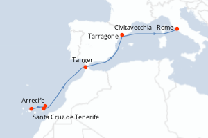 Carte itinéraire croisière Espagne, Maroc, Italie - 8 jours au départ de Santa Cruz de Tenerife - Méditerranée