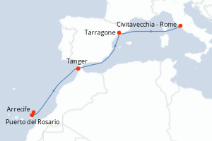 Carte itinéraire croisière Espagne, Maroc, Italie - 7 jours au départ de Arrecife - Méditerranée