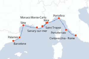 Carte itinéraire croisière Espagne, France, Monaco, Italie - 10 jours au départ de Barcelone - Méditerranée