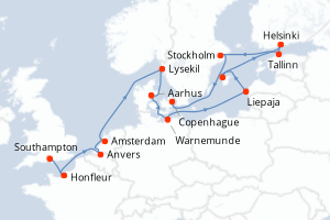 Carte itinéraire croisière Royaume-Uni, France, Belgique, Pays-Bas, Suède, Danemark, Allemagne, Lettonie, Finlande, Estonie - 18 jours au départ de Southampton - Europe du Nord