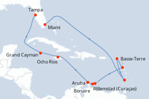 Carte itinéraire croisière Caïmans (Îles), Jamaïque, France, Pays-Bas, Saint Vincent-et-les-Grenadines, États-Unis - 14 jours au départ de Tampa - Caraïbes Bahamas