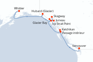 Carte itinéraire croisière États-Unis, Canada - 7 jours au départ de Whittier - Alaska