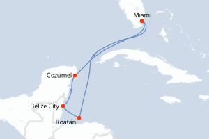 Carte itinéraire croisière États-Unis, Mexique, Belize, Honduras - 7 jours au départ de Miami - Caraïbes Bahamas