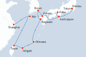Carte itinéraire croisière Chine, Corée du Sud, Taïwan, Japon - 15 jours au départ de Shanghai - Asie