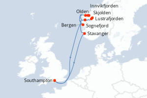 Carte itinéraire croisière Royaume-Uni, Norvège - 7 jours au départ de Southampton - Europe du Nord