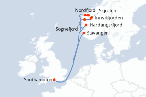 Carte itinéraire croisière Royaume-Uni, Norvège - 7 jours au départ de Southampton - Europe du Nord