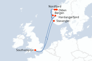 Carte itinéraire croisière Royaume-Uni, Norvège - 7 jours au départ de Southampton - Europe du Nord