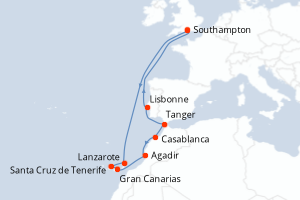 Carte itinéraire croisière Royaume-Uni, Espagne, Maroc, Portugal - 16 jours au départ de Southampton - Europe du Nord