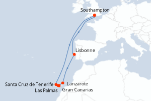 Carte itinéraire croisière Royaume-Uni, Espagne, Portugal - 12 jours au départ de Southampton - Europe du Nord
