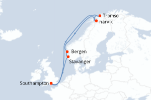 Carte itinéraire croisière Royaume-Uni, Norvège - 12 jours au départ de Southampton - Europe du Nord