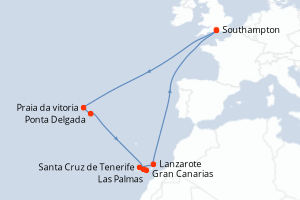 Carte itinéraire croisière Royaume-Uni, Portugal, Espagne - 14 jours au départ de Southampton - Europe du Nord