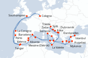 Carte itinéraire croisière Portugal, Maroc, Royaume-Uni, Allemagne, Espagne, Italie, Grèce, Turquie, Malte, Monténégro, Croatie - 40 jours au départ de Southampton - Méditerranée