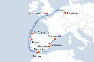 Carte itinéraire croisière Portugal, Maroc, Royaume-Uni, Allemagne, Espagne - 12 jours au départ de Southampton - Méditerranée