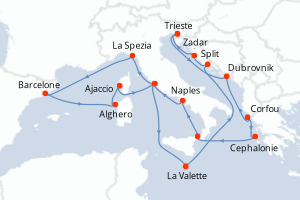Carte itinéraire croisière Croatie, Grèce, Espagne, Italie, France, Malte - 21 jours au départ de Trieste - Méditerranée