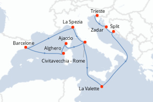 Carte itinéraire croisière Espagne, Italie, France, Malte, Croatie - 14 jours au départ de Civitavecchia - Rome - Méditerranée
