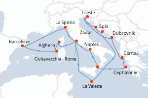 Carte itinéraire croisière Espagne, Italie, France, Malte, Croatie, Grèce - 21 jours au départ de Civitavecchia - Rome - Méditerranée