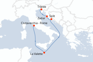 Carte itinéraire croisière Italie, Malte, Croatie - 7 jours au départ de Civitavecchia - Rome - Méditerranée