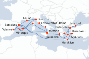 Carte itinéraire croisière Espagne, Turquie, Grèce, Italie, France - 28 jours au départ de Barcelone - Méditerranée