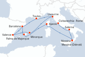 Carte itinéraire croisière Espagne, Italie, France - 14 jours au départ de Barcelone - Méditerranée