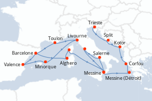 Carte itinéraire croisière Espagne, Italie, France, Grèce, Monténégro, Croatie - 21 jours au départ de Barcelone - Méditerranée