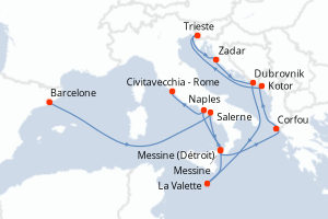 Carte itinéraire croisière Espagne, Italie, Grèce, Monténégro, Croatie, Malte - 14 jours au départ de Barcelone - Méditerranée