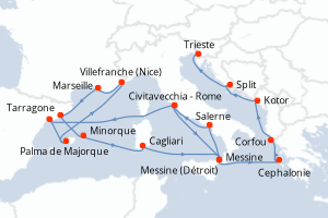 Carte itinéraire croisière France, Espagne, Italie, Grèce, Monténégro, Croatie - 21 jours au départ de Civitavecchia - Rome - Méditerranée