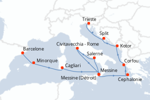 Carte itinéraire croisière Espagne, Italie, Grèce, Monténégro, Croatie - 14 jours au départ de Barcelone - Méditerranée