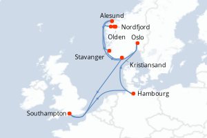 Carte itinéraire croisière Royaume-Uni, Allemagne, Norvège - 12 jours au départ de Southampton - Europe du Nord