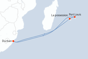 Carte itinéraire croisière Afrique du Sud, Maurice, France - 12 jours au départ de Durban - Afrique du Sud